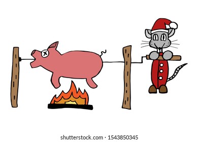 rat in santa claus costume escorts the symbol of the old year a pig frying it on a spitt. 2020 new year. isolated stock vector illustration