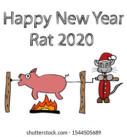 rat in santa claus costume escorts the symbol of the old year a pig frying it on a spitt. 2020 new year. isolated stock vector illustration