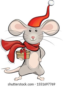 Rat in Santa Claus hat with gift in hand new year symbol 2020 vector illustration. For greeting cards, calendars, prints. Hand draw mouse for Cristmas New Year design. Isolated on a white background