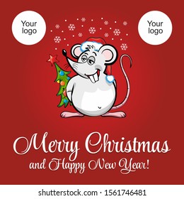 Rat Santa Claus on a red background. Merry Christmas and happy new year! Holiday Greeting Card. Illustration, vector