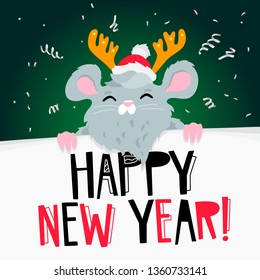 Rat Santa Claus in a red hat with deer horns and a sheet of paper. The symbol of the Chinese 2020. Lettering. Happy new year. Holiday card. Vector illustration on white background.