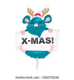Rat Santa Claus in a red hat with deer horns and a sheet of paper. The symbol of the new Chinese 2020. Merry Christmas. Holiday card. Vector illustration on white background.