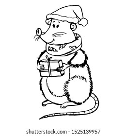 Rat in santa hat with gift in paws. Hand-drawn vector illustration of mouse, rat in scarf with cheese, gift and santa hat. Symbol of New Year 2020. Isolated on white