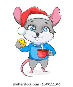 Rat in Santa hat holding cookie and a cup of coffee. Funny rat, cute cartoon character. Vector illustration on white background