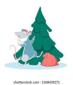 rat in Santa's hat and beard dancing near the Christmas tree with a glass of champagne. Symbol of Chinese new year. Vector