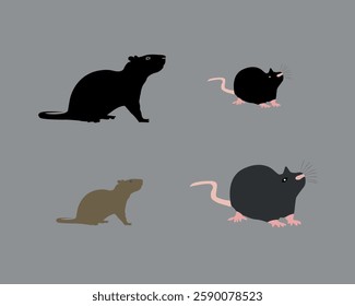 Rat set animals.A rat set of animal vectors features various rat illustrations in different poses,perfect for logos,prints, branding,and digital art,offering a versatile and stylish design collection.