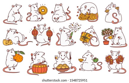 Rat set with different Chinese new year symbols. Cute mouse holds money and Chinese lanterns eats cheese and festive food drums and lets off fireworks. Vector outline cartoon illustrations.