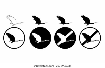 Rat silhouette icons in various styles: outline, solid black, and prohibition signs. Perfect for pest control, warnings, or animal-related projects.