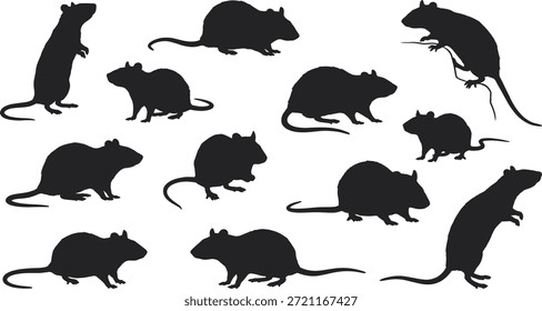 Rattensilhouette, Vektorgrafik, Schwarze Nagetierposen, Tieranatomie, Naturthema, Schädlingsidentifikation, biologische Illustration, Bewegungsgrafik