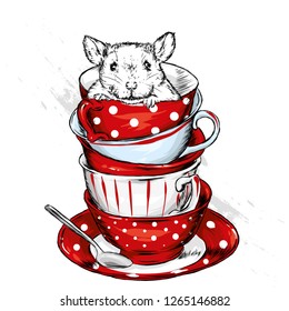 The rat sits in a vintage cup. Vector illustration for postcard or poster, print for clothes. Vintage and retro. Mouse or hamster.