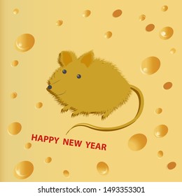 Rat small, fluffy - cheese yellow background - vector. Congratulation 2020. Happy New Year.