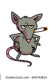 Rat smoking cigarette cartoon, hand drawn image. Original colorful artwork, comic childish style drawing.