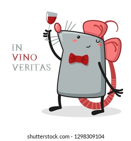 rat, sommelier in suite looking at red wine in glass, flat cartoon style, vector illustration - Vector