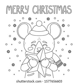 The rat with a star. Greeting card with a mouse for the Christmas. Vector illustration with cute character. Merry Christmas hand drawn lettering quote. Page for coloring book. Outline drawing.