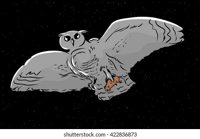 Rat stuck in the talons of owl on the hunt at night with stars in background