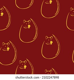 Rat stylized silhouette seamless pattern, yellow outline mouse on dark red background vector illustration