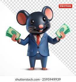 Rat in suit happy holding money, 3d vector. Suitable for business and design elements