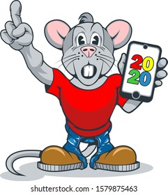 A rat with a surprised face and a smartphone in his hand showing a sign of attention.