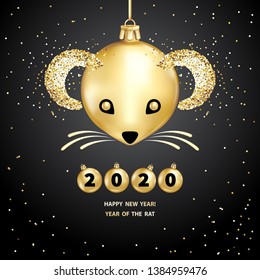 Rat is a symbol of the 2020 Chinese New Year. Realistic golden glass balls with muzzle of rat, brighting sequins on a black background. Decorative Christmas design elements. Vector illustration
