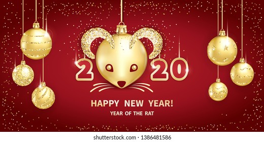 Rat is a symbol of the 2020 Chinese New Year. Realistic golden glass balls with muzzle of rat, brighting sequins on a red background. Decorative Christmas design elements. Vector illustration