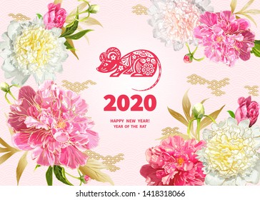 Rat is a symbol of the 2020 Chinese New Year. Greeting card in Oriental style with peonies flowers, leaves, buds, decorative elements around zodiac Sign of mouse on a pink background