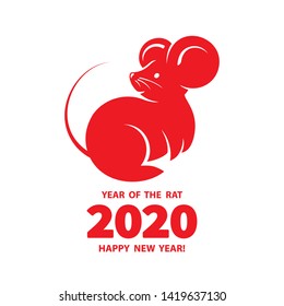 Rat is a symbol of the 2020 Chinese New Year. Holiday illustration of silhouette Zodiac Sign of red rat isolated on a white background. Vector element for banner, poster, flyer