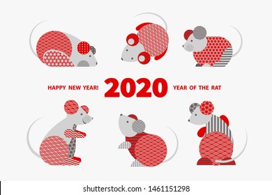 Rat is a symbol of the 2020 Chinese New Year. Holiday vector illustration of Zodiac Sign of rats decorated with geometric pattern. Greeting card in Oriental style with mice, circle elements