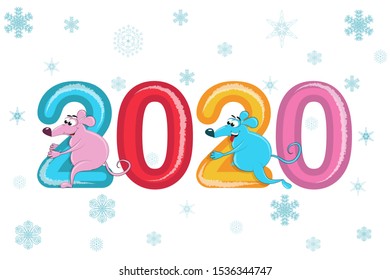 The rat is a symbol of 2020 new year. Two cute pink and blue cartoon rats ride for 2020. Adorable kawaii on a white background with blue snowflakes