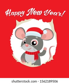 Rat Is A Symbol Of Chinese New Year 2020. Funny Cartoon Mouse In The Hat Of Santa Claus. Red Greeting Card For Winter Celebrations. Funny Rat Looking Out Of Hole In Paper Card Vector Illustration.