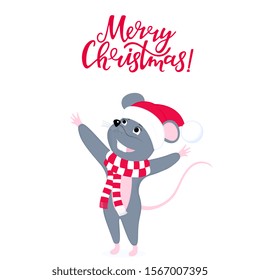 Rat is a symbol of Chinese New Year 2020. Funny cartoon mouse in the hat of Santa Claus and scarf. Cute smiling mice. Merry Christmas greeting card for winter celebrations.