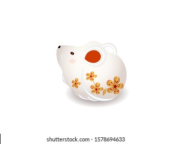 The rat is a symbol of the Chinese New Year 2020. The white figure is decorated with patterns and flowers with a shadow. Vector illustration