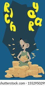 Rat symbol of the new year 2020 collects falling money. Joy and happiness on the face of the mouse. Mountains of gold coins. Vector illustration