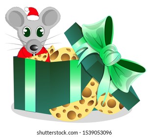 Rat, a symbol of the new year. Mouse dressed as Santa Claus with cheese and in a gift box.Vector illustration on a white background.