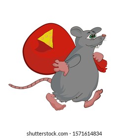 The rat is a symbol of the New year on the Chinese calendar carries a large red sack with cheese. Isolated on white background.  Vector illustration in cartoon style