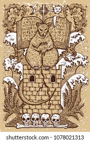 Rat symbol on old texture background. Scary rat sitting on tower with book and mystic signs. Fantasy engraved illustration. Zodiac animals of eastern calendar, mysterious concept