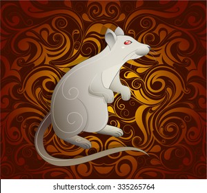 Rat As Symbol For Year 2020 By Chinese Traditional Horoscope With Orient Ornament On Backdrop