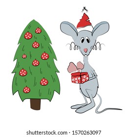 Rat symbol of the year with a gift in Santa Claus hat. Christmas tree with balls, isolated objects on a festive theme. Vector graphics. Funny rat.