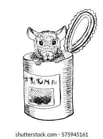 Rat in the tin. Sketch, black and white.