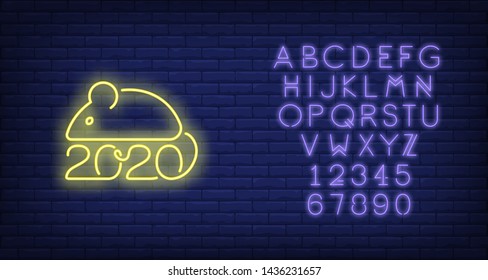 Rat and two thousand twenty neon sign. Numbers formed from tail on brick wall background. Vector illustration in neon style for Christmas banners, New Year posters, party invitation