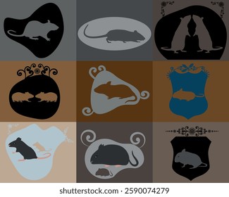 Rat vector icon design set free eps download.A rat vector icon design set features stylized black and white rat illustrations in various poses, perfect for logos, prints,branding, and digital designs.