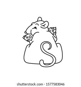 Rat white cute fat mouse sits its back and eats cheese. Chinese new year symbol outline black white vector cartoon isolated illustration.