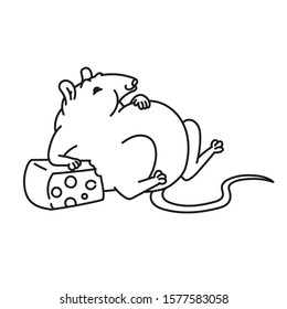 Rat white cute fat mouse too much cheese. Chinese new year symbol outline vector cartoon black white isolated illustration.