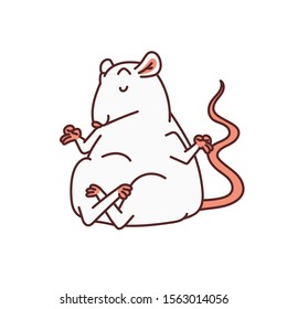 Rat white cute mouse meditating in Lotus position. Chinese new year symbol vector outline cartoon isolated illustration.