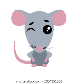 Rat winks. Cute cartoon character. White background. Flat design. Vector illustration