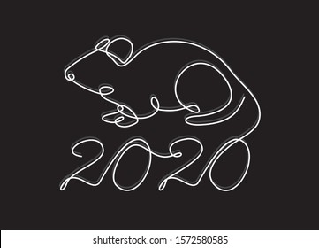 Rat year 2020.One single line drawing. 2020 year sign. Rat continuous line