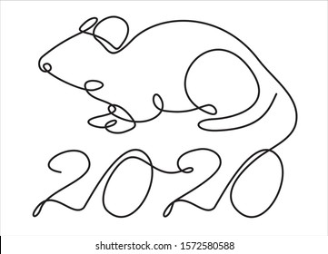 Rat year 2020.One single line drawing. 2020 year sign. Rat continuous line