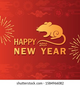 Rat year greeting card flat vector template. Chinese New Year symbol on red background. Golden mouse silhouette with stylized oriental ornaments. Happy 2020 wish. Elegant winter postcard design.