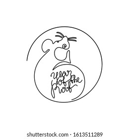 Rat year, Happy new year 2020 lettering, greeting card or invitation, continuous line drawing, neon, banner, poster, flyers, marketing, emblem or logo design, isolated vector illustration.