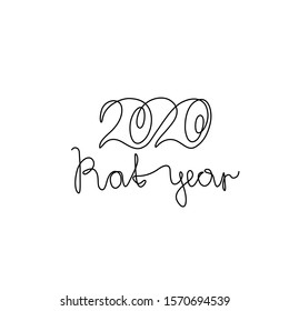 Rat year lettering, Happy new year 2020, greeting card or invitation, continuous line drawing, neon, banner, poster, flyers, marketing, emblem or logo design, isolated vector illustration.