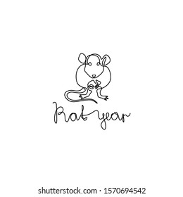 Rat year lettering, Happy new year 2020, greeting card or invitation, continuous line drawing, neon, banner, poster, flyers, marketing, emblem or logo design, isolated vector illustration.